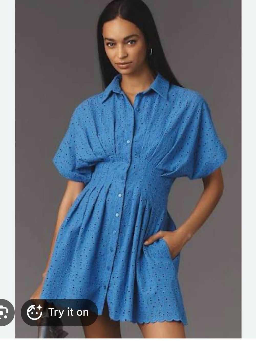 Exquise Tobie Eyelet Mini Shirt Dress Cornflower Blue Button Down Collar Pockets